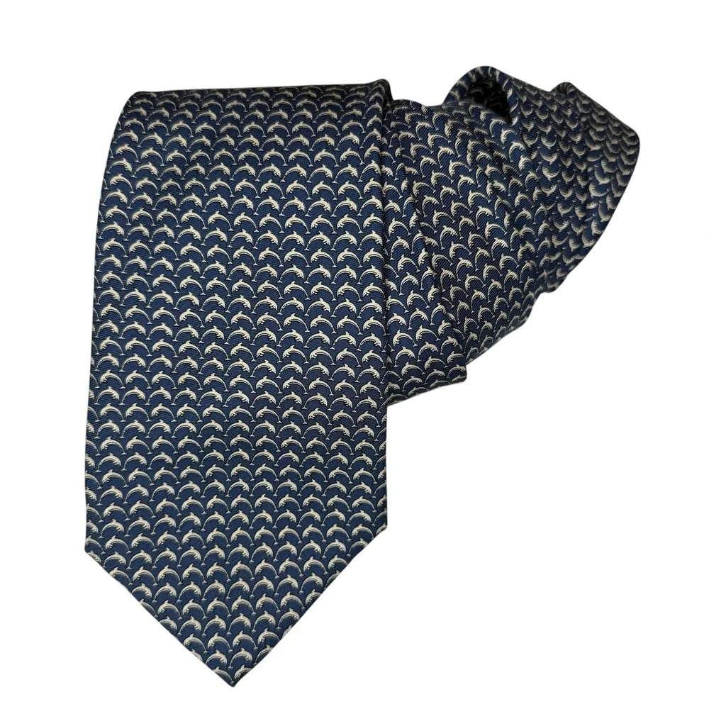BROOKS BROTHERS 100% Silk Tie Made In USA Imported Mens Blue Dolphin Necktie 57